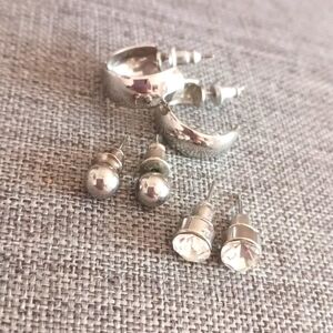 Set of 3 Pairs of Earrings Silvertone Hoops Crystal and Studs - Pre-loved